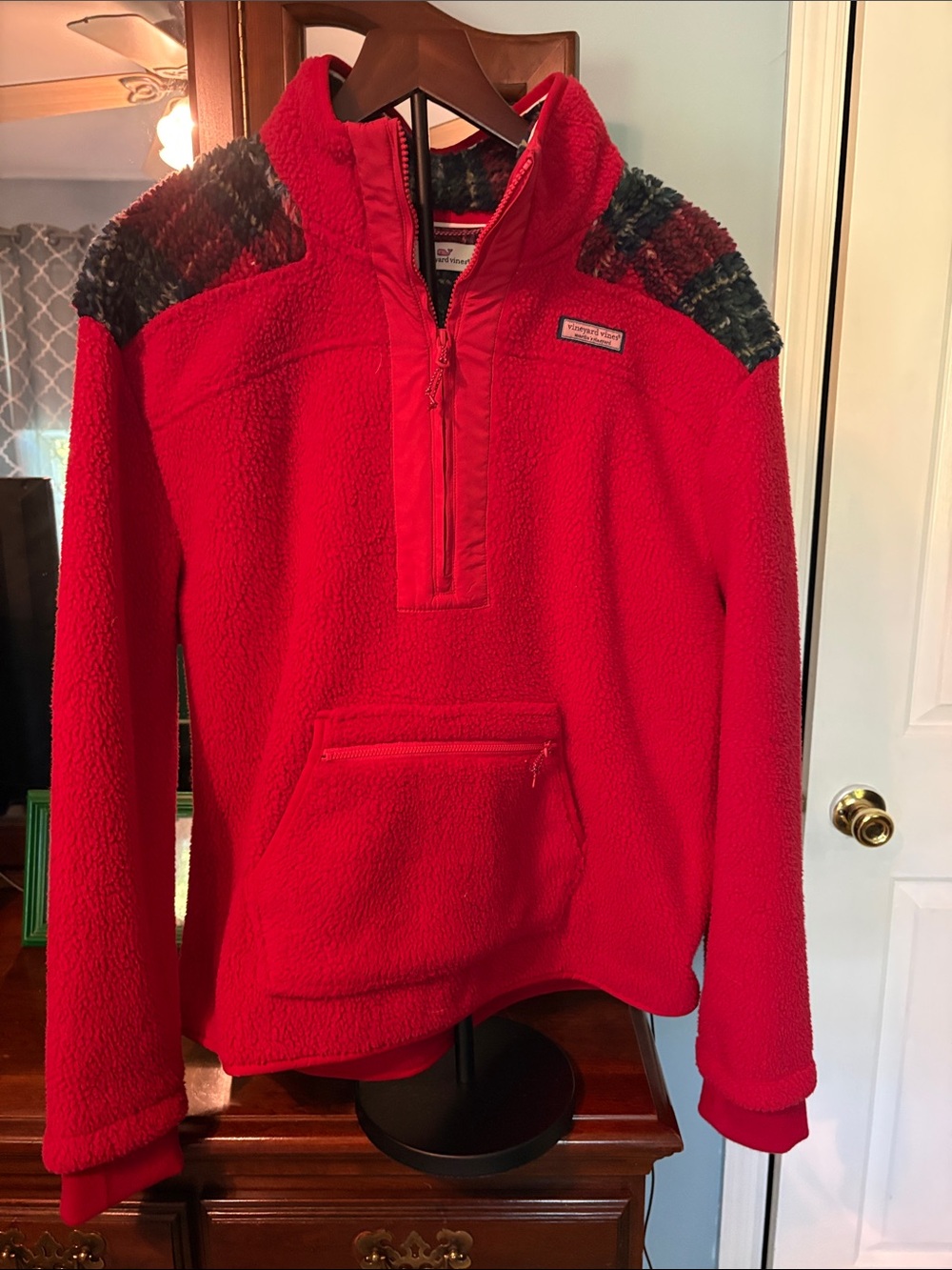 Vineyard Vines Women’s Red Sherpa Half-Zip Pullover with Plaid Shoulder Panels